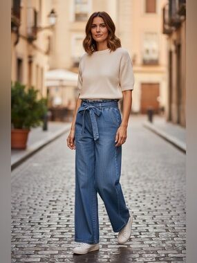 Anna & Ava Paperbag Waist Wide Leg Jeans Medium Wash Blue Denim Small